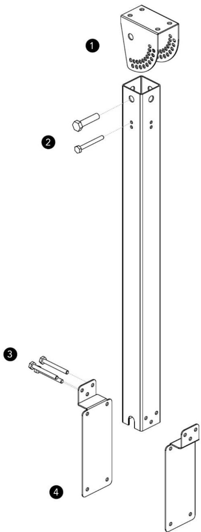 Technical diagram showing exploded view of a mechanical bracket assembly with numbered parts and component labels