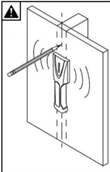 Technical illustration of a mechanical device with motion lines and a warning symbol (no text or labels)