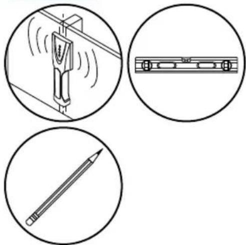 Three circular diagrams showing mechanical components: a lever with motion indicators, a horizontal bar with evenly spaced holes, and a pencil (no text or symbols)