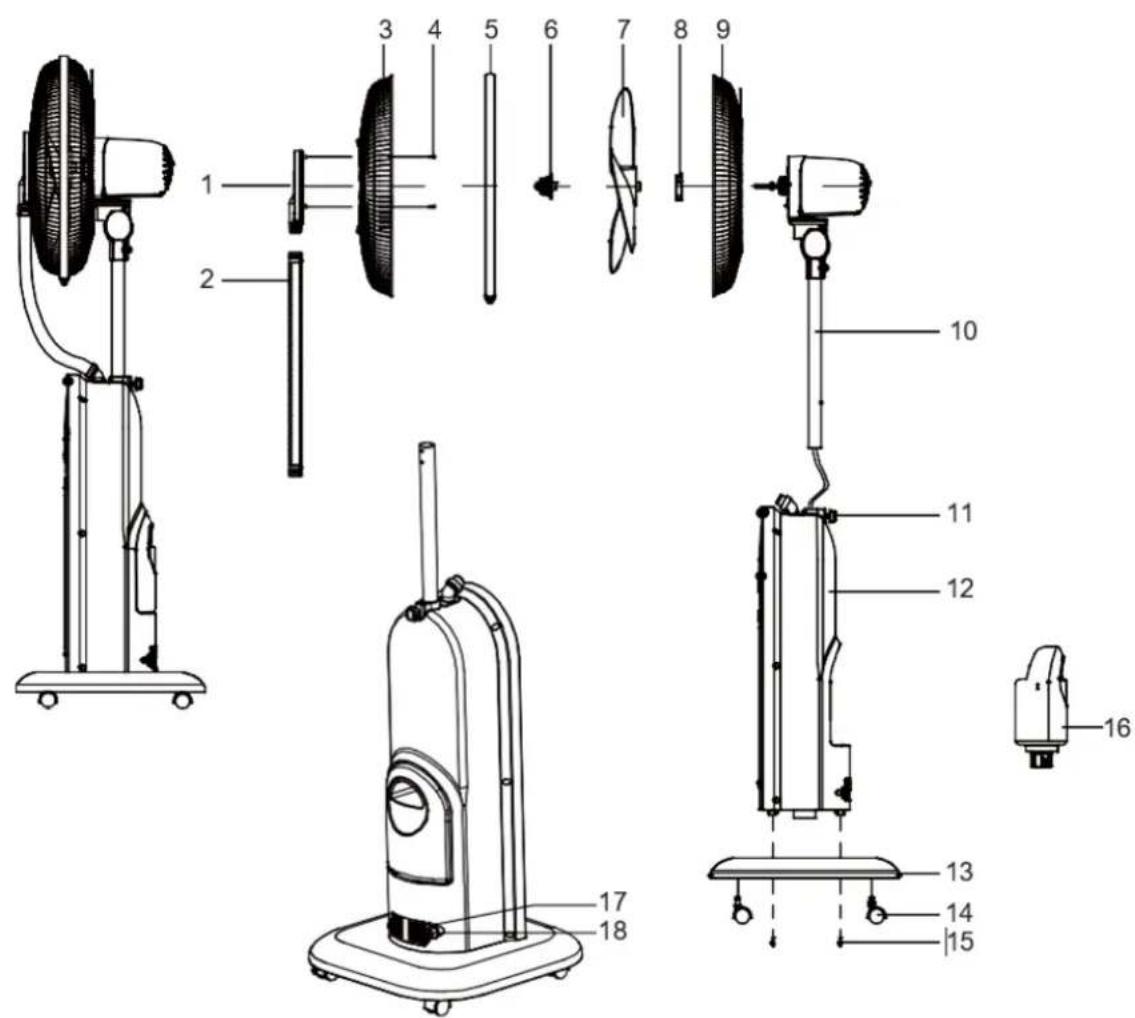 Technical diagram of a vacuum cleaner with numbered parts for identification and assembly reference.