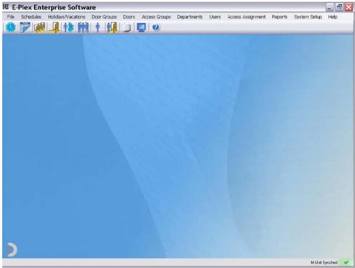 E-Plex Enterprise Software File Schedules Holidays/Vacations Door Groups Doors Access Groups Departments Users Access Assignment Reports System Setup Help M-Unit Synched