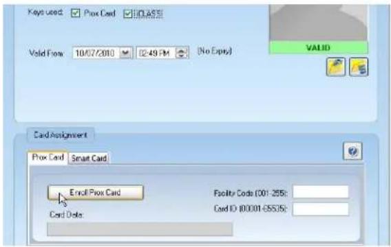 Keys used ✓ Prox Card ✓CLASS Valid Flow 10/07/2010 12:49 PM (No Entry) VALID Card Assignment Prox Card Smart Card Enrol Prox Card Facility Code (001-255): Card ID (00001-65535):