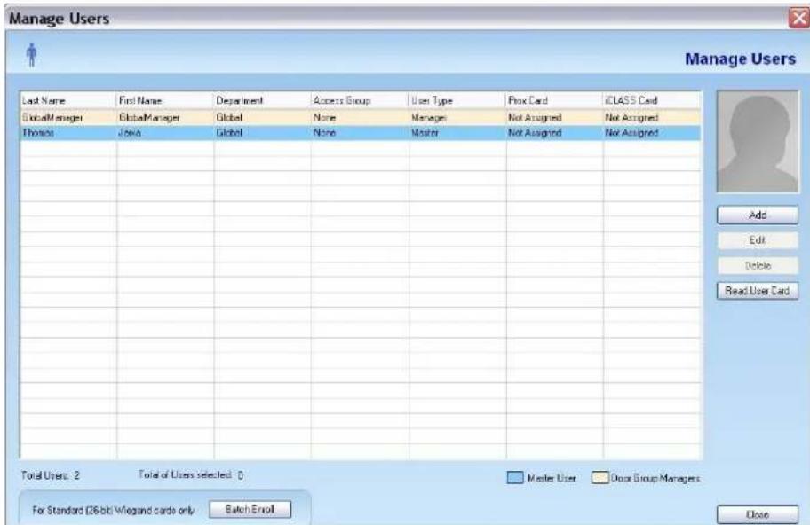 Manage Users Manage Users Last Name First Name Department Access Group User Type Proxy Card CLASS Card GlobalManager GlobalManager Global None Managers Not Assigned None Assigned Thomas Java Global None Master Not Assigned None Assigned Add Edit Delete Read User Card Total Users: 2 Total of Users selected: 0 Master User Dose Group Managers For Standard (26-bit) Wogand cards only Batch Email Close