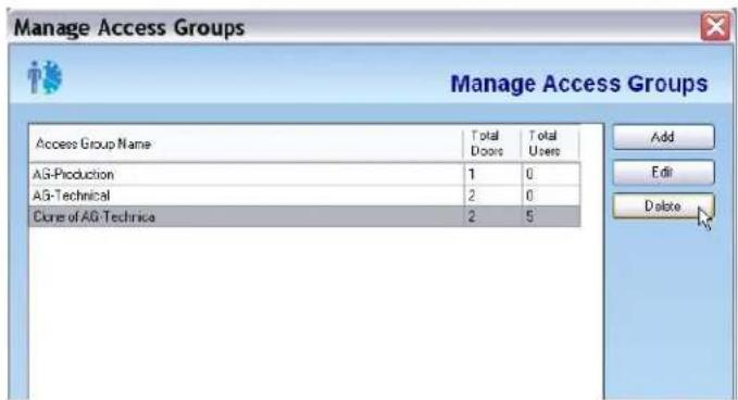 Manage Access Groups Manage Access Groups Access Group Name Total Doors Total Users AG-Production 1 0 AG-Technical 2 0 Close of AG-Technice 2 5 Add Edit Delete