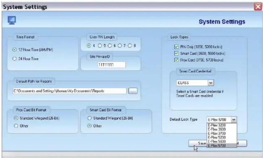 System Settings System Settings Time Format 12 Hour Time (AM/PM) 24 Hour Time User FIN Length 4 5 6 7 8 Site PrivateID 1111111 Default Path for Reports C:\Documents and Settings\phones\My Documents\Reports Proc Card Bit Format Standard Wiegand [26-Bit] Other Smart Card Bit Format Standard Wiegand [26-Bit] Other Lock Types FIN Only (3200, 5200 locks) Smart Card (3600, 5600 locks) Frox Card (3700, 5700 locks) Smart Card Credential CLASS Select a Smart Card credential if Smart Cards are enabled Default Lock Type E-Plax 5700 E-Plax 3200 E-Plax 3600 E-Plax 3700 E-Plax 5200 E-Plax 5600 E-Plax 5700 Save
