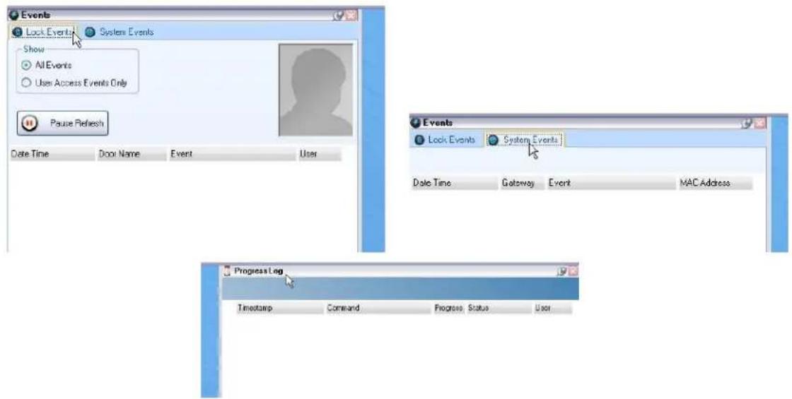 Events Lock Events System Events Show All Events User Access Events Only Pause Refresh Date Time Door Name Event User Events Lock Events System Events Date Time Gateway Event MAC Address Progress Log Timestamp Command Progress Status User
