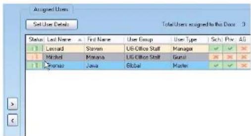 Assigned Users Set User Details Total Users assigned to this Door: 3 Status Last Name First Name User Group User Type Sch.Prc.AG 1 Lessard Steren UG-Office Staff Manager ✓ ✓ × 2 Michel Mariana UG Office Staff Guest × × × 3 Promao Java Global Master ✓ ✓ ×