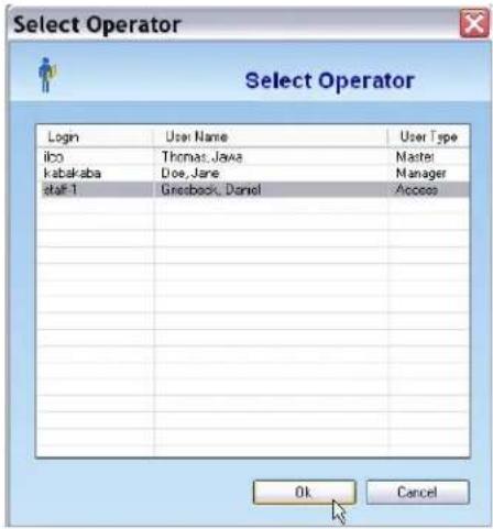 Select Operator Login User Name User Type ibo Thomas Java Master kabakaba Doe, Jane Manager staff 1 Gneback, Daniel Access Ok Cancel