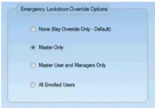 Emergency Lockdown Override Options None (Key Override Only - Default) Master Only Master User and Managers Only All Enrolled Users