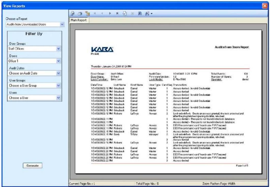 View Reports Choose a Report Audits from Downloaded Doors Filter By Door Groups Staff Offices Doos Office 1 Audit Dates Choose an Audit Date User Groups Choose a User Group Uses Choose a User Thursday January 24, 2006 01:24PM KABA Product Audits from Doors Report Door Group: Start Office Door Name: Office1 Look Function: Entry Look Audit Date: 17/4/2008 3:21 ESRM Total Events: 100 Firmware Version: 1.6 Number of Opens: 0 Look Model: E-Place5900 Operator: date! Date/Time Last Name First Name User Type Card Sign Transaction 1/4/200802:10 PM Grisbeek Daniel Master 1 Access denied - Invalid Credential 1/4/200802:10 PM Grisbeek Daniel Master 1 Access denied 1/4/200802:10 PM Grisbeek Daniel Master 1 Access denied - Invalid Credential 1/4/200802:10 PM Grisbeek Daniel Master 1 Access denied - Invalid Credential 1/4/200802:10 PM Grisbeek Daniel Master 1 Access denied - Invalid Credential 1/4/200802:10 PM Grisbeek Daniel Master 1 Access denied - Invalid Credential 1/4/200802:10 PM Glisbeek Daniel Master 1 Access denied - Invalid Credential 1/4/200802:10 PM Glisbeek Daniel Master 1 Access denied - Invalid Credential 1/4/200802:10 PM Glisbeek Daniel Master 1 Access denied - Invalid Credential 1/4/200802:10 PM Glisbeek Daniel Master 1 Access denied - Invalid Credential 1/5/200802:11 PM LaTena Access 1 Access denied - The lock unlocked and after the programmeropening duration, locked 1/5/200802:11 PM LaTena Access 1 Access denied - The lock unlocked and after the programmeropening duration, locked 1/5/200802:11 PM Glisbeek LaTena Access 5 DES Firecommand card Yeactivate FIPS succeed 1/5/200802:11 PM Glisbeek LaTena Access 5 DES Firecommand card Yeactivate FIPS succeed 1/5/200802:10 PM Glisbeek Daniel Master 1 Access denied - Invalid Credentials 1/5/200802:10 PM Glisbeek Tiflty Manager 2 Lock unlocked - Dents to access granted, the lock unlocked and after the programmeropening duration, locked. 1/5/200802:18 PM LaTena Access 3 Lock unlocked - Dents to access granted, the lock unlocked and after the programmeropening duration, locked. 1/5/200802:19 PM Glisbeek LaTena Access 2 Lock unlocked - Dents to access granted, the lock unlocked and after the programmeropening duration, locked. 1/5/200802:20 PM Glisbeek Daniel Master 1 Access denied - Invalid Credentials 1/5/200802:20 PM Glisbeek Daniel Master 1 Access denied 1/5/200802:20 PM Glisbeek LaTena Access 5 DES Firecommand card Yeactivate FIPS succeed 1/5/200802:20 PM Glisbeek LaTena Access 5 DES Firecommand card Yeactivate FIPS succeed 1/5/200802:22 PM LaTena Access 3 Access denied Page 1 of 5 Current Page No.: 1 Total Page No.: 5 Zoom Factor Page Width