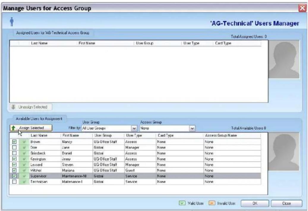 Manage Users for Access Group 'AG-Technical' Users Manager Assigned Users for 'AG-Technical Access Group Total Assigned Users: 0 Last Name First Name User Group User Type Card Type Unession Selected Available Users for Assignment User Group Access Group Total Available Users 8 Assign Selected Filter by All User Groups None Last Name First Name User Group User Type Card Type Access Group Name Brown Nancy US-Office Staff Access None None Done Jane Global Manager None None Bilebeck Daniel Global Access None None Kerrington Jimmy US-Office Staff Access None None Lessard Steven US-Office Staff Manager None None Mitchel Mariana US-Office Staff Guest None None Supervisor Maintenance-All Global Service None None Technician Maintenance-I Global Service None None Valid User Invalid User OK Close