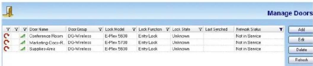 Manage Doors Door Name Door Group Lock Model Lock Function Lock State Last Synched Network Status Conference Room DG-Wireless E-Plex 5600 Entry Lock Unknown Not in Service Marketing-Docs-R DG-Wireless E-Plex 5700 Entry Lock Unknown Not in Service Supplies-Area DG-Wireless E-Plex 5600 Entry Lock Unknown Not in Service Add Edit Delete Refresh