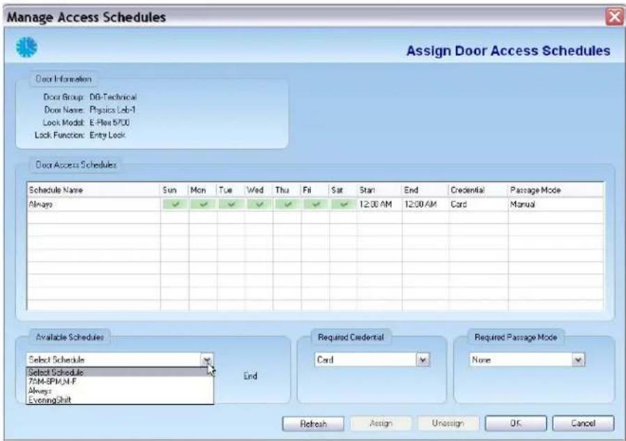 Manage Access Schedules Assign Door Access Schedules Door Information Door Group: DB-Technical Door Name: Physics Lab-1 Look Model: E-Flex 5/00 Lock Function: Entry Lock Door Access Schedules Schedule Name Sun Mon Tue Wad Thu Fil Sat Start End Credential Passage Mode Always ✓ ✓ ✓ ✓ ✓ ✓ ✓ ✓ 12:00 AM 12:00 AM Card Manual Available Schedules End Required Credential Required Passage Mode Select Schedule Card None Select Schedule 7AM-SPM,N-F Always EveningShift Refresh Assign Unassign OK Cancel
