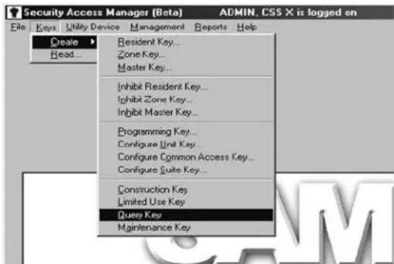 Security Access Manager (Beta) File | Keys | Utility Device | Management | Reports | Help Create Read... Resident Key... Zone Key... Master Key... Inhibit Resident Key... Ighbit Zone Key... Inhibit Master Key... Programming Key... Configure Unit Key... Configure Common Access Key... Configure Suite Key... Construction Key Limited Use Key Quest Key Maintenance Key