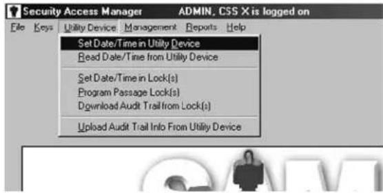 Security Access Manager File Keys Utility Device Management Reports Help Set Date/Time in Utility Device Read Date/Time from Utility Device Set Date/Time in Lock(s) Program Passage Lock(s) Download Audit Trail from Lock(s) Upload Audit Trail Info From Utility Device ADMIN, CSS X is logged on