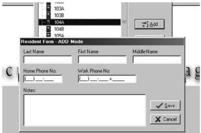 Resident Form - ADD Mode Last Name First Name Middle Name Home Phone No: Work Phone No: ____________________ Notes: ✓ Save × Cancel