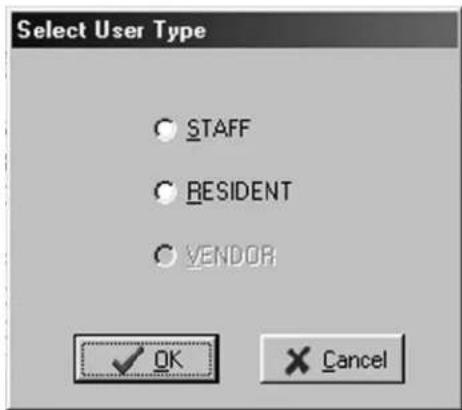 Select User Type ○ STAFF ○ RESIDENT ○ VENDOR OK Cancel