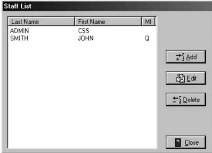 Staff List Last Name First Name MI ADMIN CSS SMITH JOHN Q Add Edit Delete Close