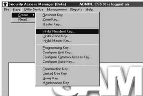 Security Access Manager (Beta) File Keys Utility Device Management Reports Help Create Read... Resident Key... Zone Key... Master Key... Inhibit Resident Key... Ighbit Zone Key... Inhibit Master Key... Programming Key... Configure Unit Key... Configure Common Access Key... Configure Suite Key... Construction Key Limited Use Key Query Key Maintenance Key ADMIN. CSS X is logged on