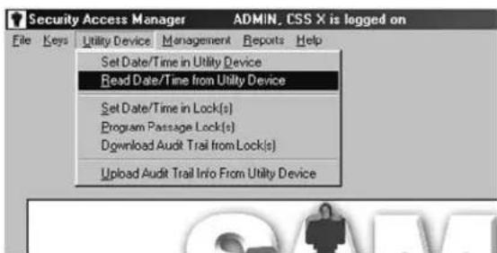 Security Access Manager File Keys Utility Device Management Reports Help Set Date/Time in Utility Device Read Date/Time from Utility Device Set Date/Time in Lock(s) Program Passage Lock(s) Download Audit Trail from Lock(s) Upload Audit Trail Info From Utility Device ADMIN, CSS X is logged on