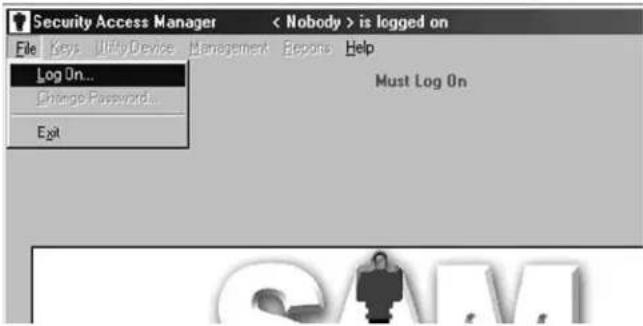 Security Access Manager < Nobody > is logged on File keys Utility Device Management Reports Help Log On... Change Passwords... Exit Must Log On
