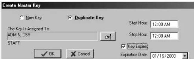 Create Master Key New Key Duplicate Key The Key Is Assigned To ADMIN, CSS STAFF OK Cancel Start Hour: 12:00 AM Stop Hour: 12:00 AM Key Expires Expiration Date: 01/16/2003