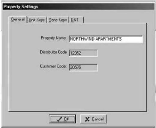 Property Settings General Unit Keys Zone Keys DST Property Name: NORTHWIND APARTMENTS Distributor Code 12352 Customer Code: 20576 OK Cancel