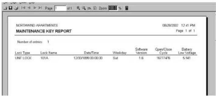 NORTHWIND APARTMENTS MAINTENANCE KEY REPORT 08/28/2002 12:41 PM Page 1 of 1 Number of entries: 1 Lock Type Lock Name Date/Time Weekday Software Version Open/Close Cycle Battery Low Voltage UNIT LOCK 101A. 12/00/0999:00:00:00 Sat 1.6 167774/6 5.541