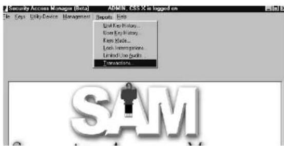 Security Access Manager (Beta) ADMIN. CSS X is logged on File Keys Utility Device Management Reports Help Use Key History... User Key History... Keys Made... Lock Investigations... Limited Use Guide... Transactions...