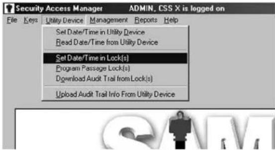 Security Access Manager File Keys Utility Device Management Reports Help Set Date/Time in Utility Device Read Date/Time from Utility Device Set Date/Time in Lock(s) Program Passage Lock(s) Download Audit Trail from Lock(s) Upload Audit Trail Info From Utility Device ADMIN, CSS X is logged on