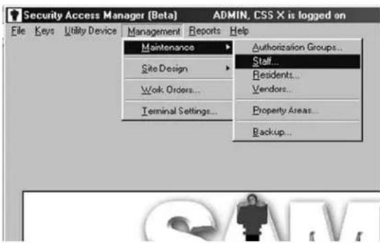 Security Access Manager (Beta) File Keys Utility Device Management Reports Help Maintenance Site Design Work Orders... Terminal Settings... Authorization Groups... Staff... Residents... Vendors... Property Areas... Backup...