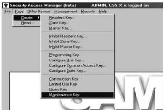 Security Access Manager [Beta] ADMIN. CSS X is logged on File Keys Utility Device Management Reports Help Create Head... Resident Key... Zone Key... Master Key... Inhibit Resident Key... Inhibit Zone Key... Inhibit Master Key... Programming Key... Configure Unit Key... Configure Common Access Key... Configure Suite Key... Construction Key Limited Use Key Query Key Maintenance Key