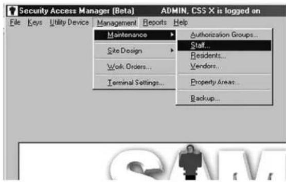 Security Access Manager (Beta) File Keys Utility Device Management Reports Help Maintenance Site Design Work Orders... Terminal Settings... Authorization Groups... Staff... Residents... Vendors... Property Areas... Backup...