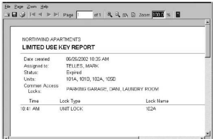 NORTHWIND APARTMENTS LIMITED USE KEY REPORT Date created 06/26/2002 10:35 AM Assigned to: TELLES, MARK Status: Expired Units: 101A, 101B, 102A, 105B Common Access PARKING GARAGE, DANI, LAUNDRY ROOM Locks: Time Lock Type Lock Name 10:41 AM UNIT LOCK 102A