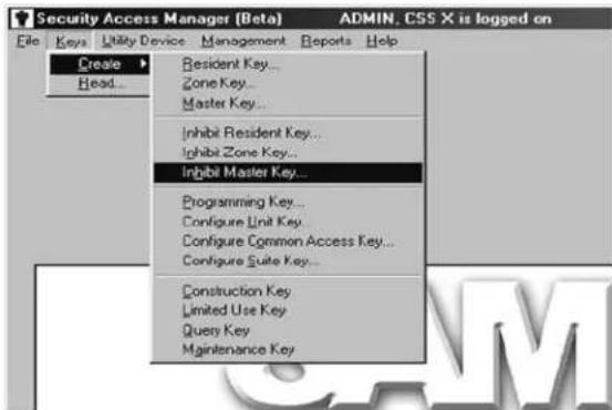 Security Access Manager [Beta] File Keys Utility Device Management Reports Help Create Head... Resident Key... Zone Key... Master Key... Inhibit Resident Key... Inhibit Zone Key... Inhibit Master Key... Programming Key... Configure Unit Key... Configure Common Access Key... Configure Suite Key... Construction Key Limited Use Key Query Key Maintenance Key ADMIN, CSS X is logged on