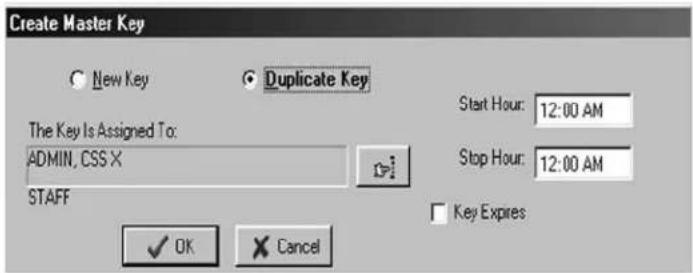 Create Master Key New Key Duplicate Key The Key Is Assigned To: ADMIN, CSS X Start Hour: 12:00 AM Stop Hour: 12:00 AM STAFF OK Cancel Key Expires