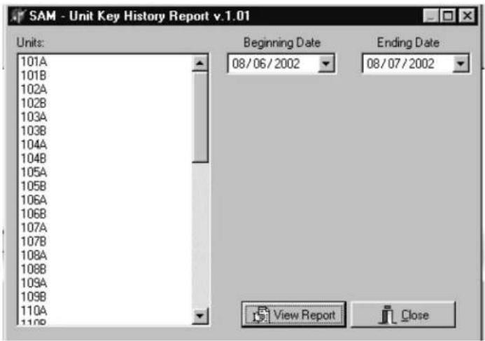SAM - Unit Key History Report v.1.01 Units: 101A 101B 102A 102B 103A 103B 104A 104B 105A 105B 106A 106B 107A 107B 108A 108B 109A 109B 110A 110B Beginning Date 08/06/2002 Ending Date 08/07/2002 View Report Close