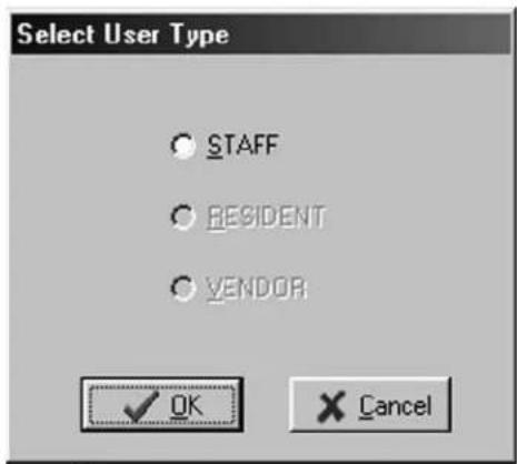 Select User Type ○ STAFF ○ RESIDENT ○ VENDOR ✓ OK Cancel