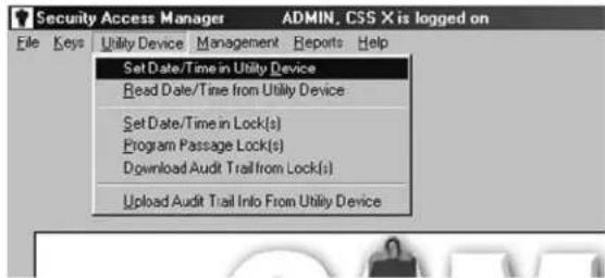 Security Access Manager File Keys Utility Device Management Reports Help Set Date/Time in Utility Device Read Date/Time from Utility Device Set Date/Time in Lock(s) Program Passage Lock(s) Download Audit Trail from Lock(s) Upload Audit Trail Info From Utility Device ADMIN, CSS X is logged on
