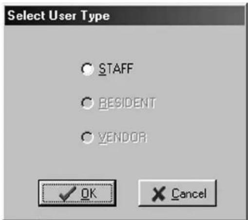 Select User Type ○ STAFF ○ RESIDENT ○ VENDOR ✓ OK Cancel