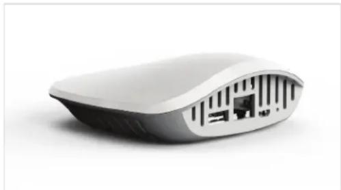 White wireless router device with internal ports and ventilation slots (no text or symbols visible)