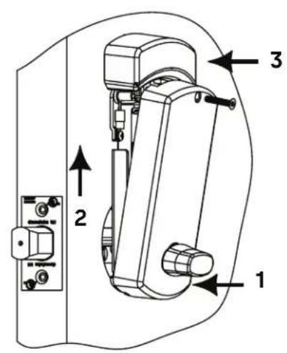 Technical diagram of a mechanical device with numbered components and directional arrows indicating assembly or movement.