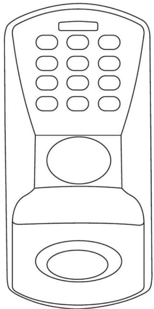 Line drawing of a remote control device with keypad and buttons (no text or symbols)