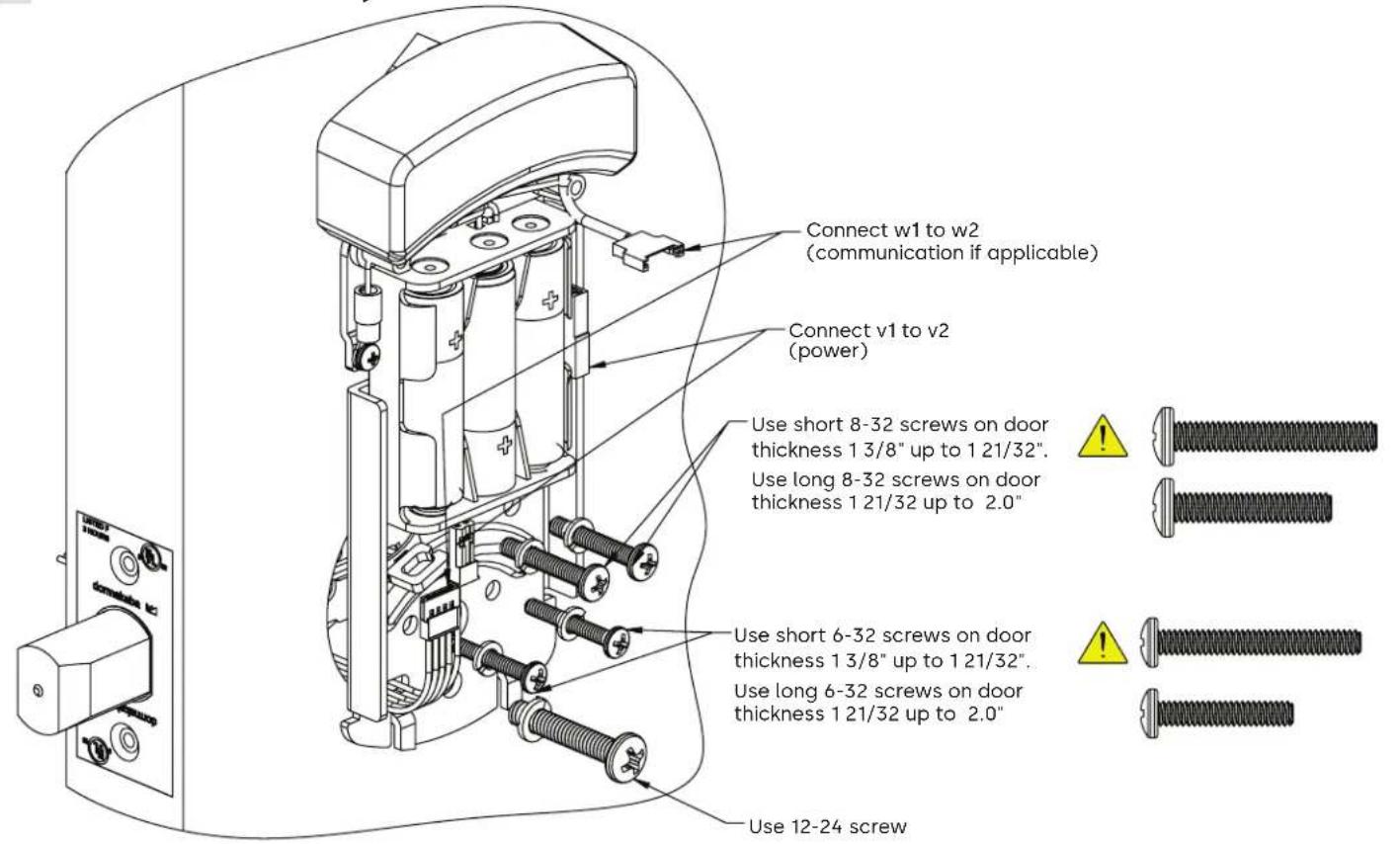 Connect w1 to w2 (communication if applicable) Connect v1 to v2 (power) Use short 8-32 screws on door thickness 1 3/8" up to 1 21/32". Use long 8-32 screws on door thickness 1 21/32 up to 2.0" Use short 6-32 screws on door thickness 1 3/8" up to 1 21/32". Use long 6-32 screws on door thickness 1 21/…