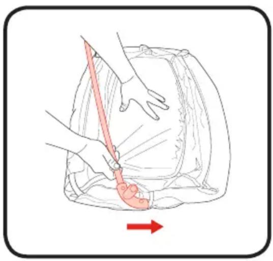 Illustration of a hand holding a tool inside a bag, with a red arrow indicating direction (no text or symbols)