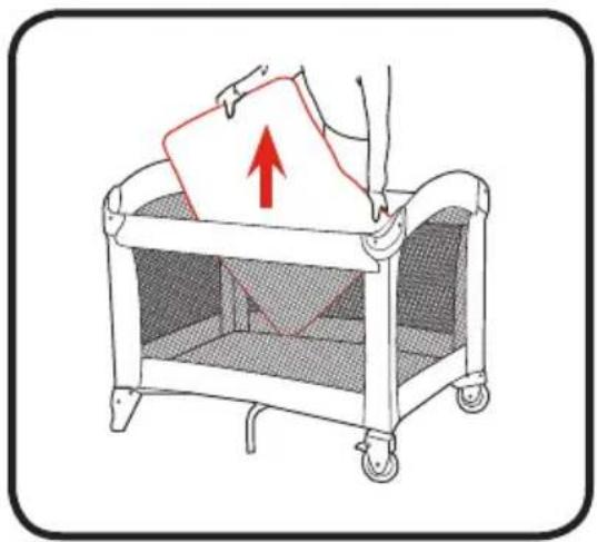 Illustration of a baby care cart with a hand holding a bag, showing a red upward arrow indicating movement (no text or symbols)