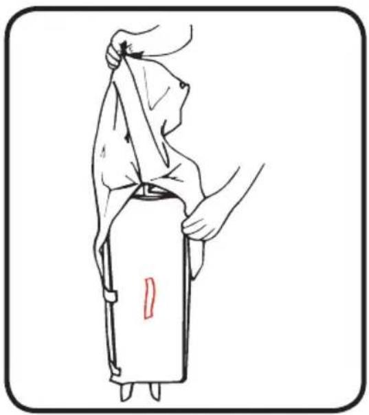 Illustration of a person holding a bag with a red mark and arrow, no text or symbols present
