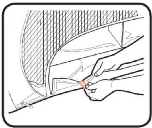 Line drawing of a hand holding a tool near a curved mechanical component (no text or symbols)
