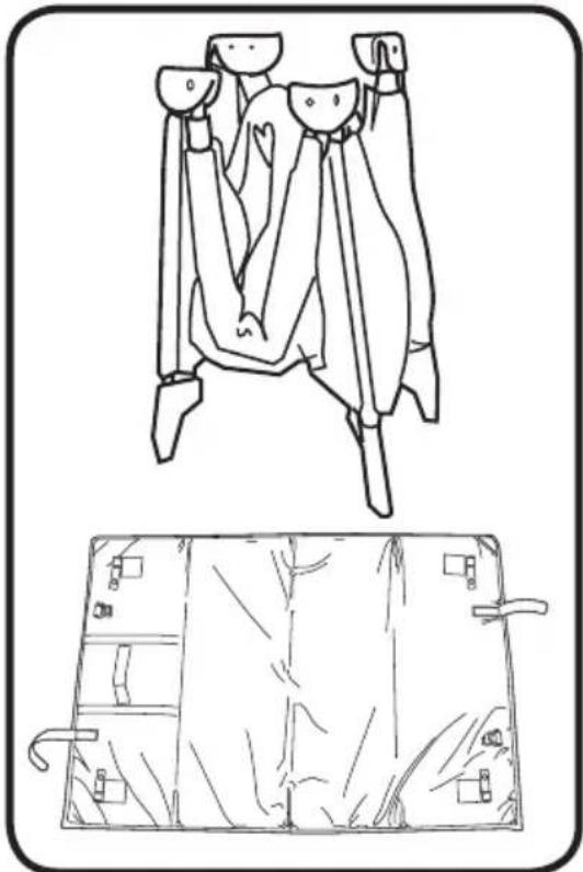 Line drawing of a garment with straps and a front view showing a closed jacket (no text or symbols)