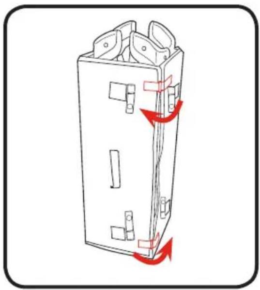 Diagram of a device casing with red arrows indicating rotation or movement, no text or symbols present